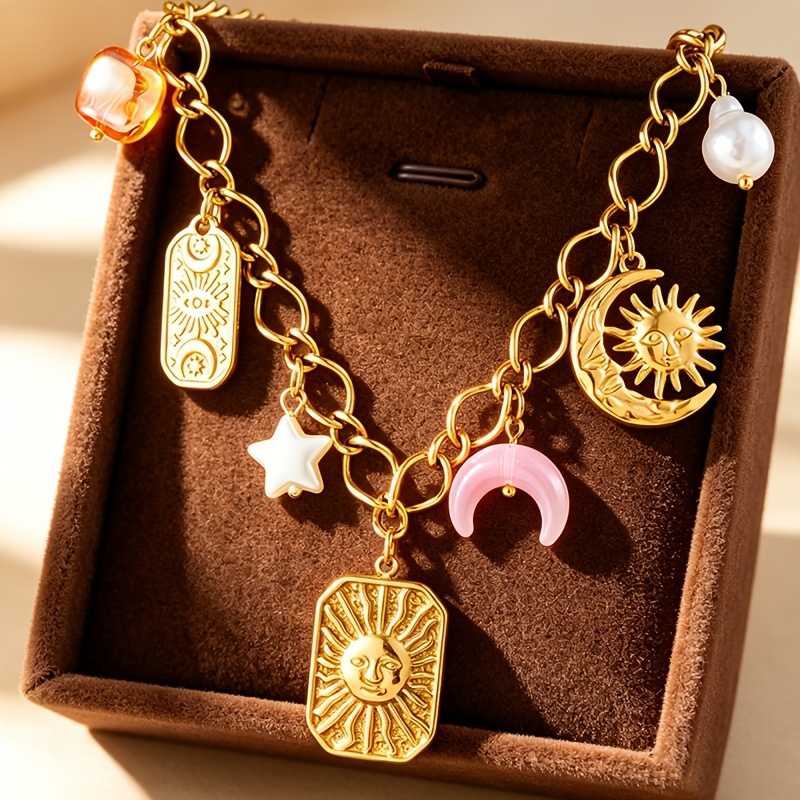 Golden Stainless Steel Necklace with Sun Square & Moon Decorative Design